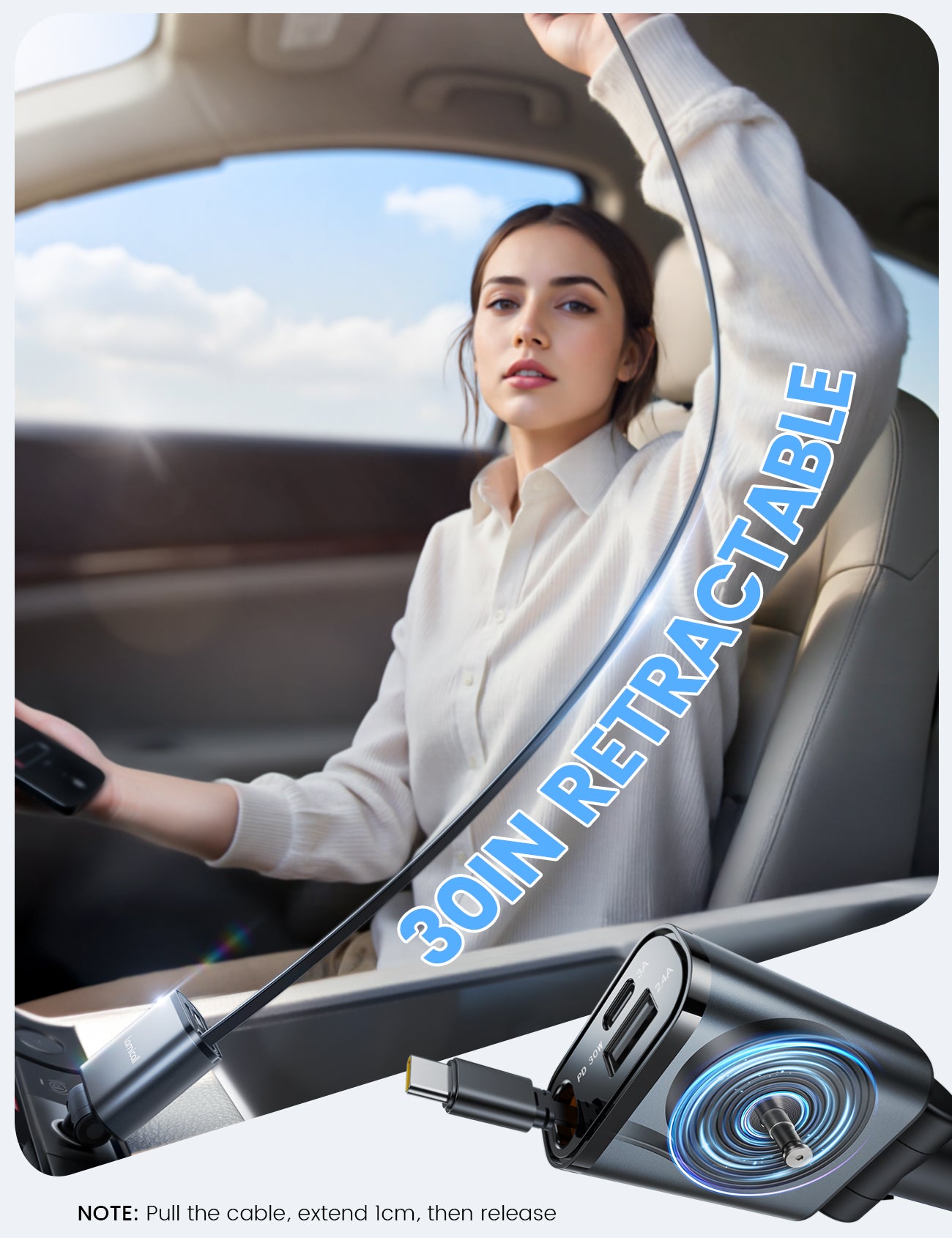 LAMICALL PT47 Ultra Compact 3‑in‑1 Car Charger with USB-C Cable