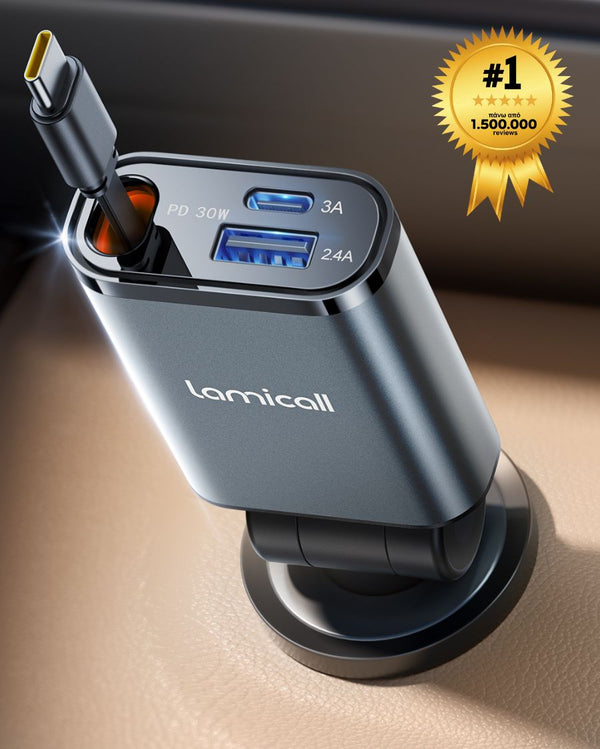 LAMICALL PT47 Ultra Compact 3‑in‑1 Car Charger with USB-C Cable