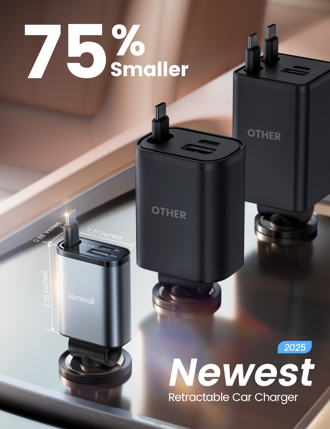 LAMICALL PT47 Ultra Compact 3‑in‑1 Car Charger with USB-C Cable