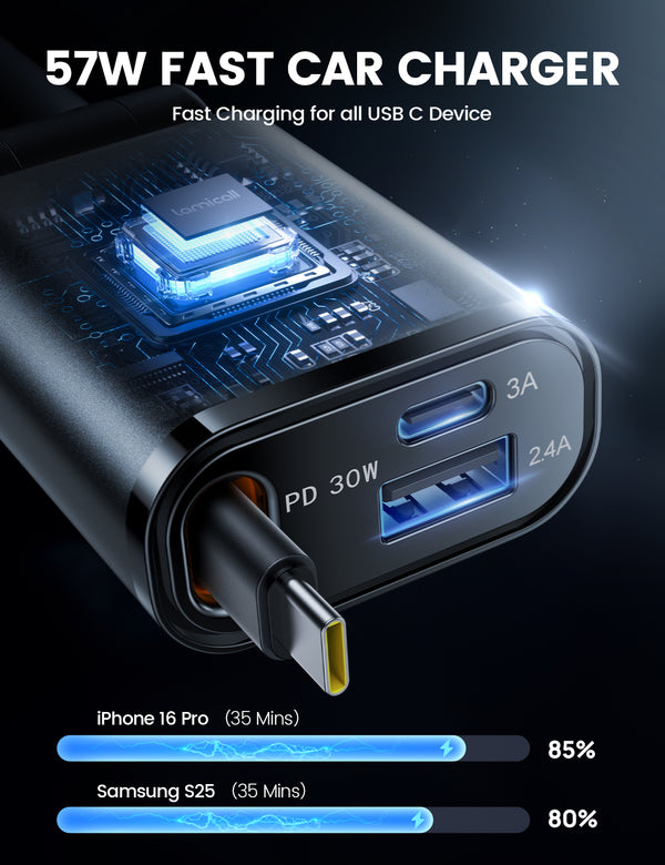 LAMICALL PT47 Ultra Compact 3‑in‑1 Car Charger with USB-C Cable