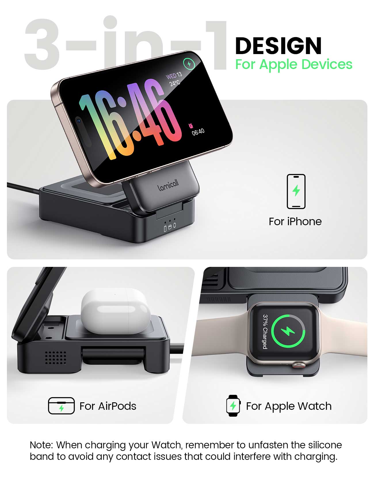 Lamicall T10 Foldable 3 in 1 Wireless Charging Station for Apple MagSafe