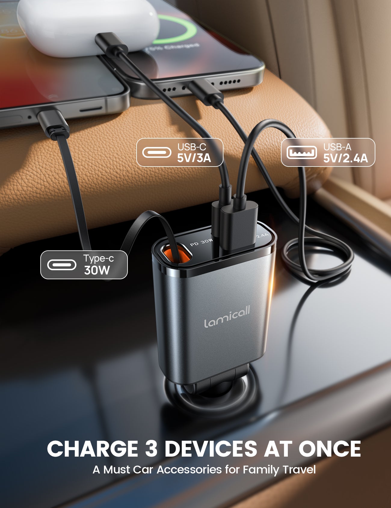 LAMICALL PT47 Ultra Compact 3‑in‑1 Car Charger with USB-C Cable