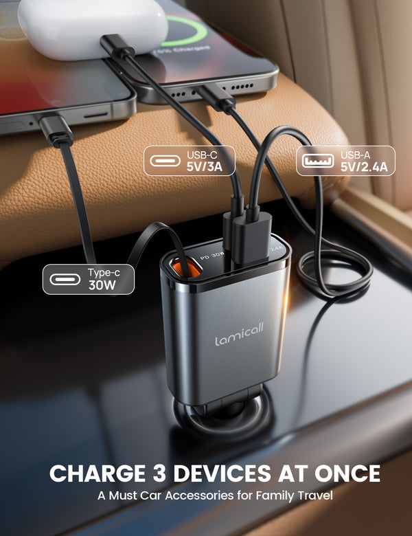 LAMICALL PT47 Ultra Compact 3‑in‑1 Car Charger with USB-C Cable