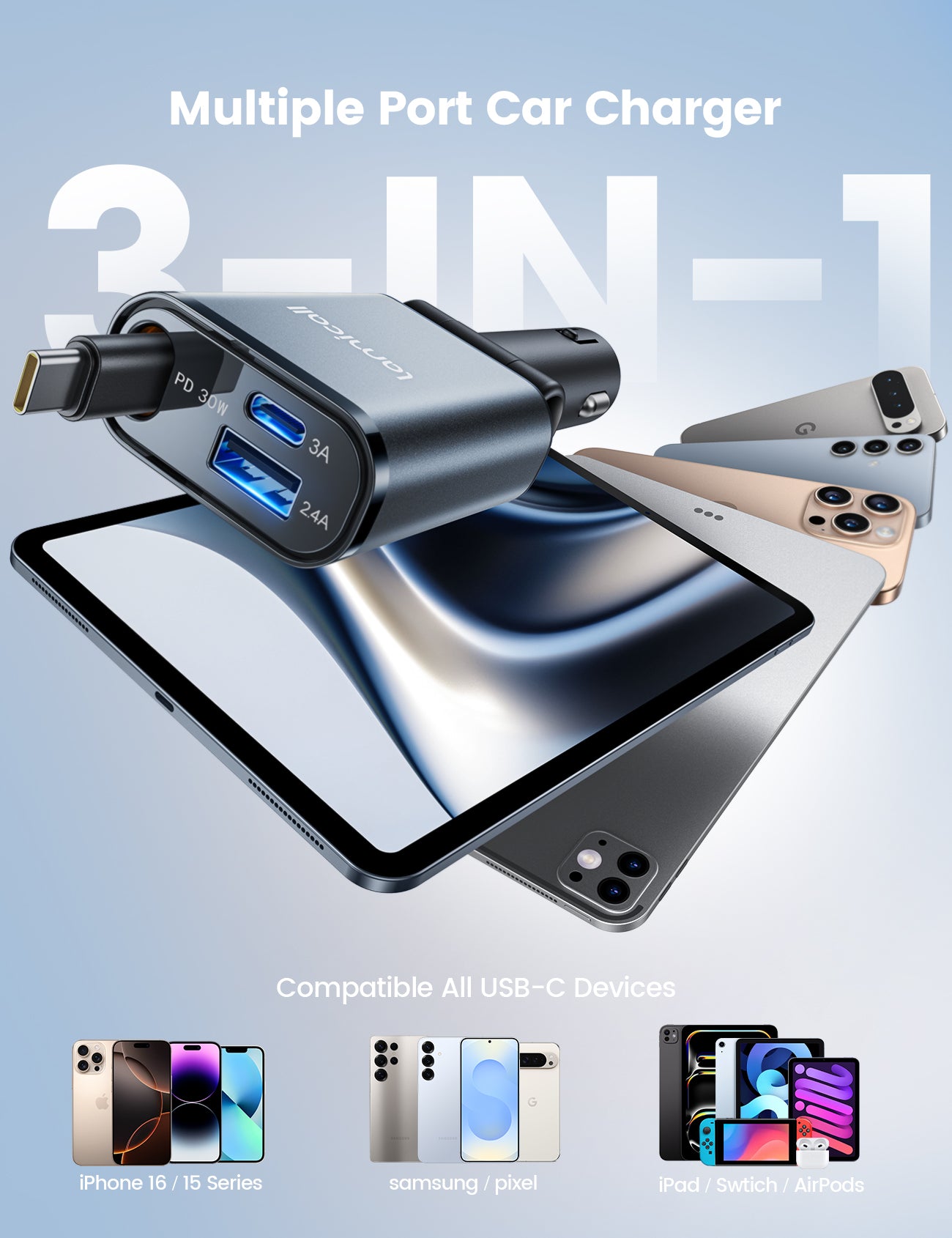 LAMICALL PT47 Ultra Compact 3‑in‑1 Car Charger with USB-C Cable