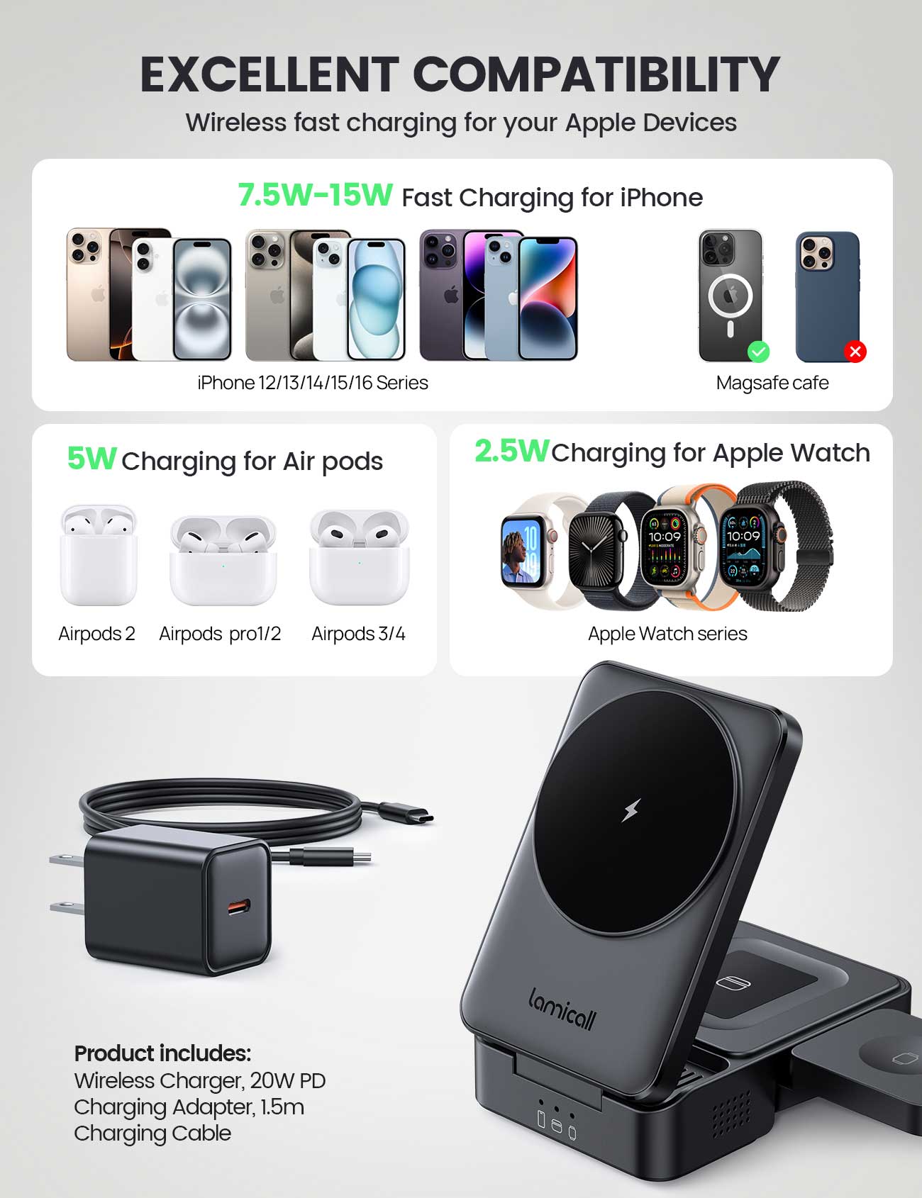 Lamicall T10 Foldable 3 in 1 Wireless Charging Station for Apple MagSafe