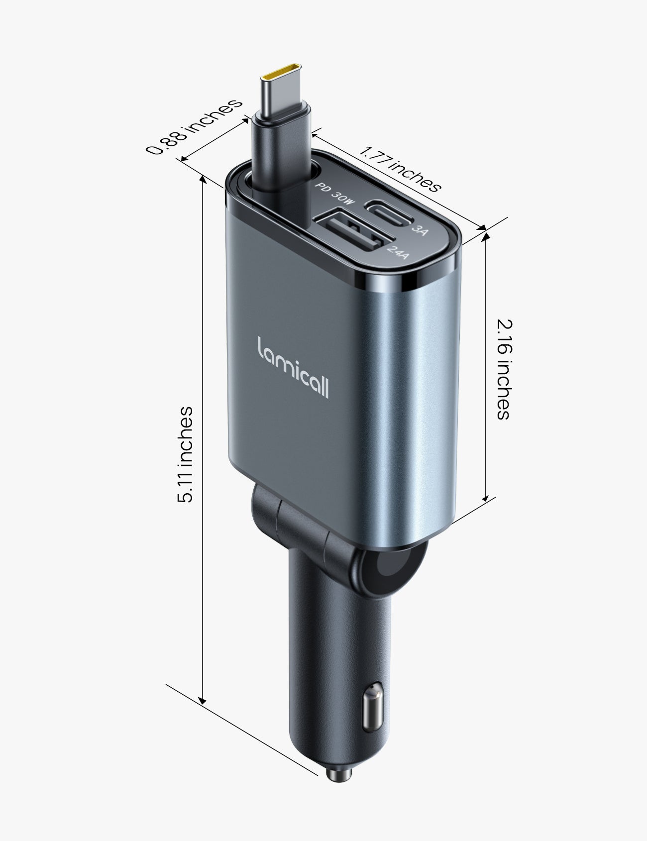 LAMICALL PT47 Ultra Compact 3‑in‑1 Car Charger with USB-C Cable