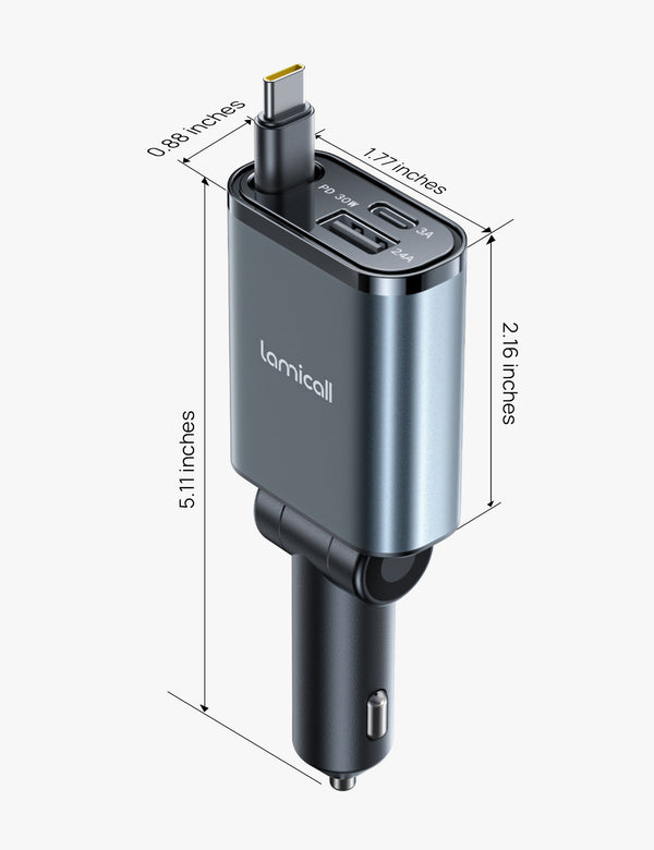 LAMICALL PT47 Ultra Compact 3‑in‑1 Car Charger with USB-C Cable